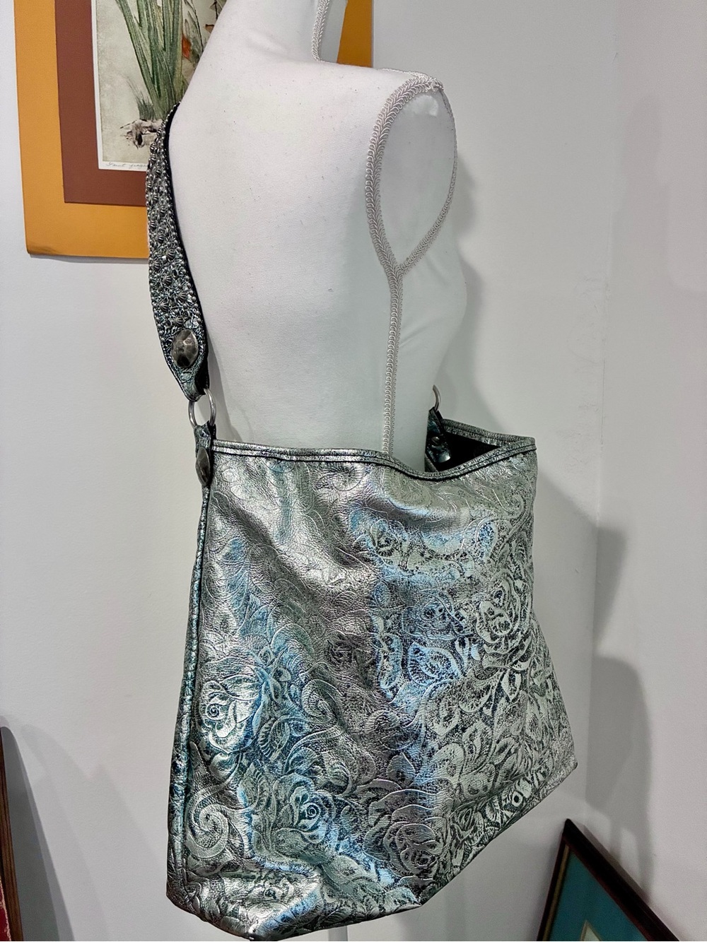 Double J Saddlery Metallic Silver Leather Tote Studded Western Shoulder Bag